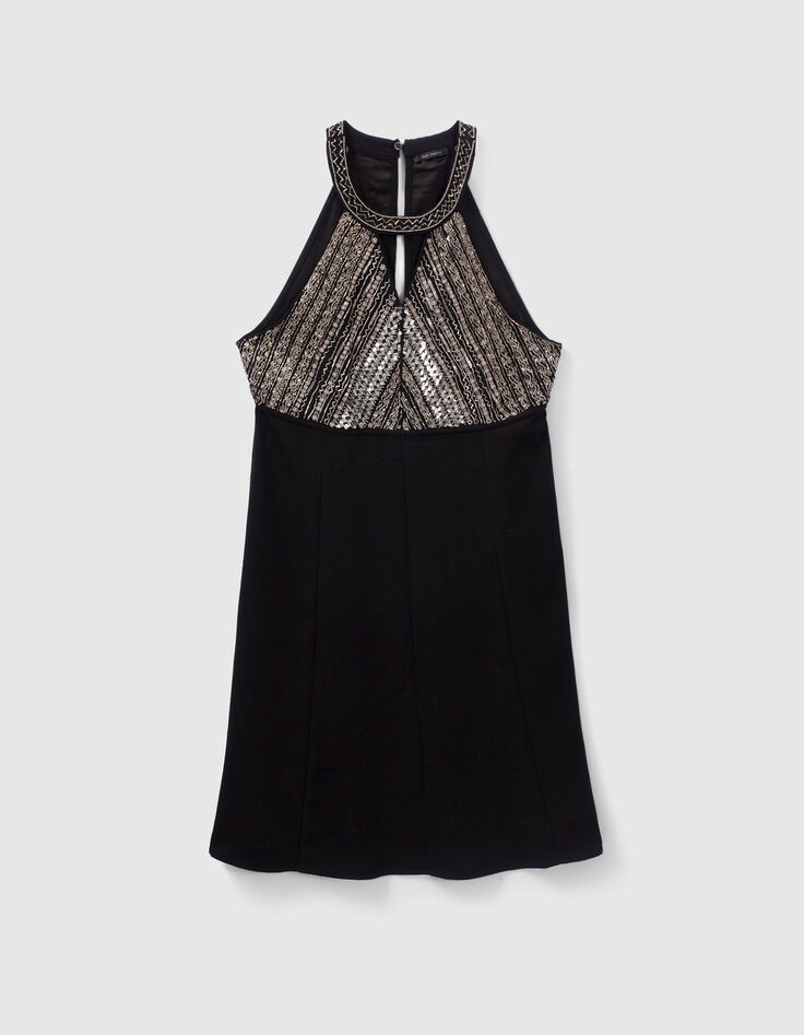 Vestido largo negro plastrón bordado cuentas metal mujer-8