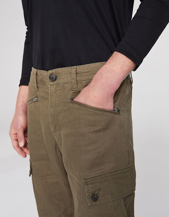 Men’s khaki linen elasticated cuff CROPPED combat trousers