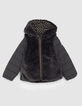 Anthrazitgraue M&auml;dchensteppjacke mit Kunstfelloptik-1