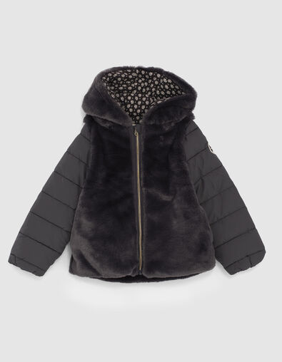 Anthrazitgraue M&auml;dchensteppjacke mit Kunstfelloptik - IKKS