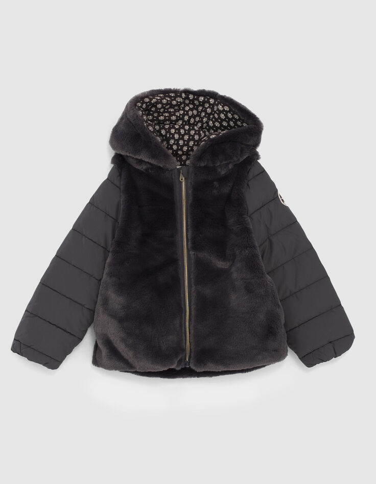 Anthrazitgraue M&auml;dchensteppjacke mit Kunstfelloptik-1