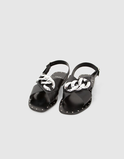 Sandales plates cuir noir décor maxi chaîne métal Femme - IKKS