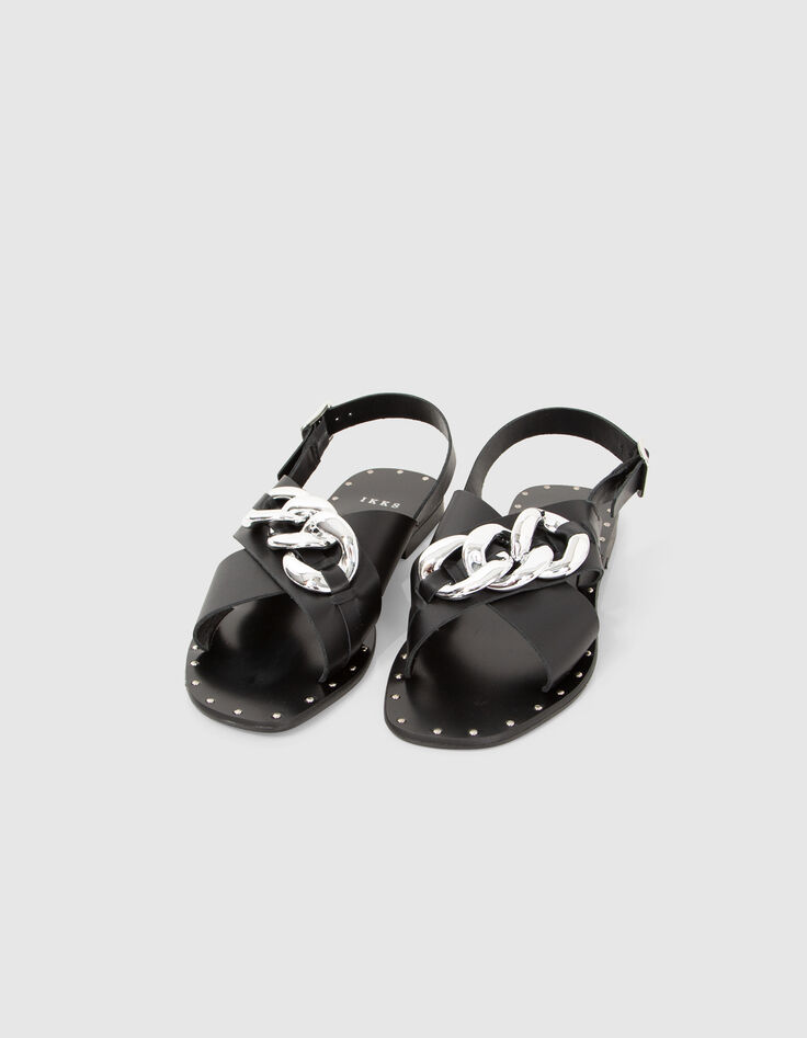 Sandales plates cuir noir décor maxi chaîne métal Femme-1