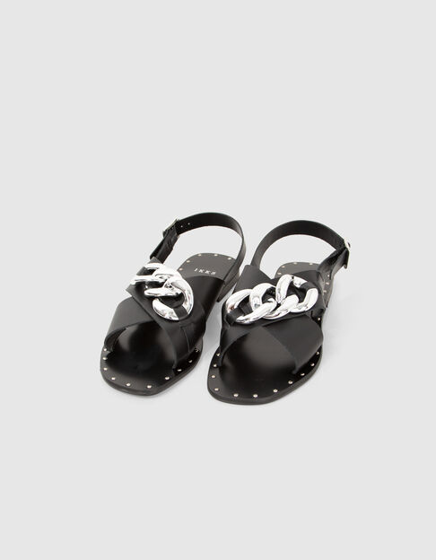 Sandales plates cuir noir décor maxi chaîne métal Femme