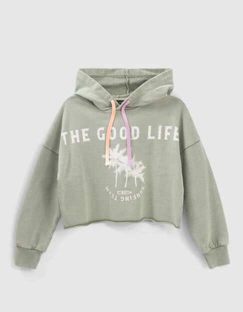 Girls’ green cropped hoodie with tie-dye cords