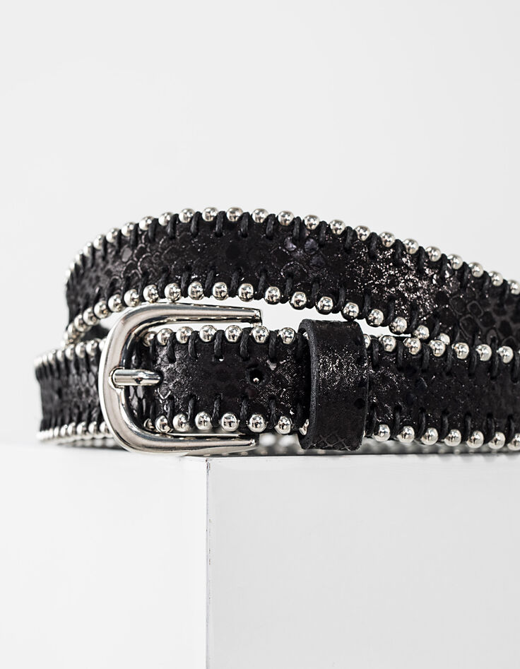 Ceinture en cuir noir bordures perles femme-2