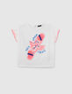 Girls’ white organic cotton T-shirt, neon pink bird image-1