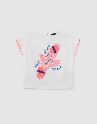 Girls’ white organic cotton T-shirt, neon pink bird image - IKKS