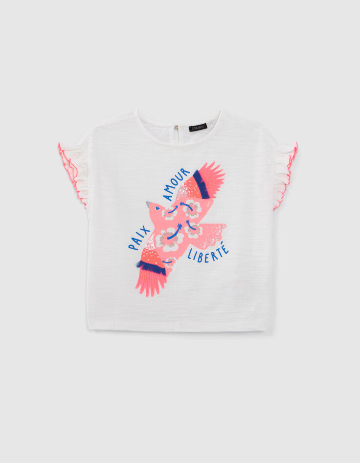 Girls’ white organic cotton T-shirt, neon pink bird image-1