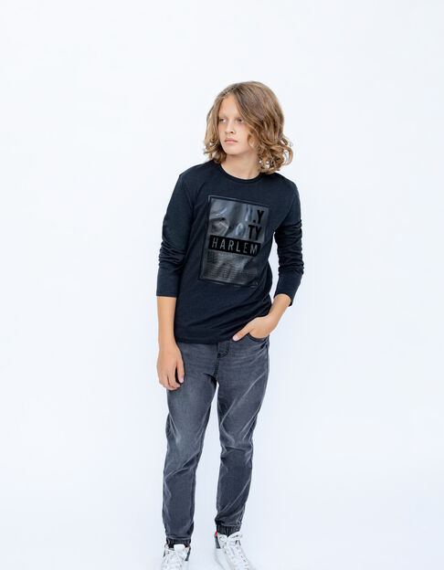 Camiseta negra algodón marco y mensaje flocado niño