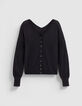 Pull col V noir tricot 100% laine boutons strass dos Femme-1
