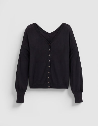Pull col V noir tricot 100% laine boutons strass dos Femme - IKKS