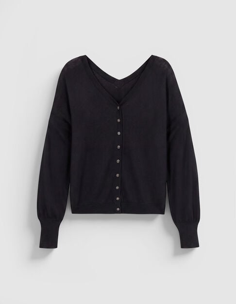 Pull col V noir tricot 100% laine boutons strass dos Femme - IKKS