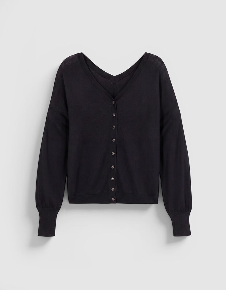 Pull col V noir tricot 100% laine boutons strass dos Femme-1