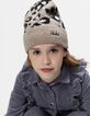 Girls’ beige knit beanie with leopard motif-1