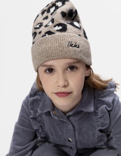 Girls’ beige knit beanie with leopard motif - IKKS