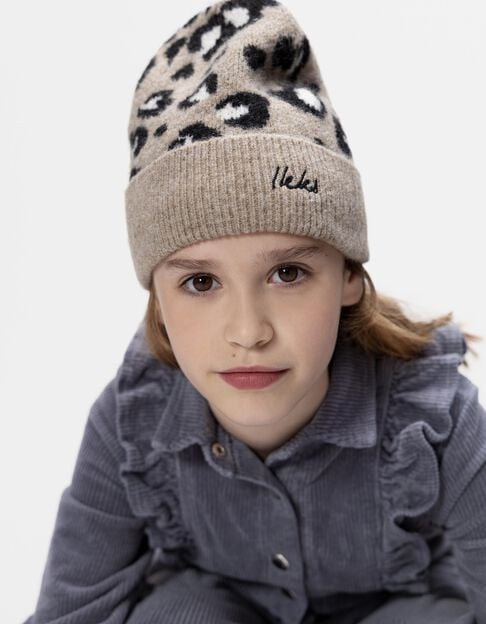 Girls’ beige knit beanie with leopard motif - IKKS