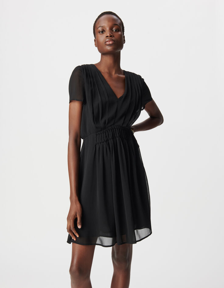 Robe noire détail plissé taille Femme-2