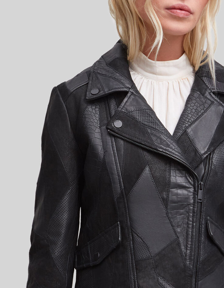 Women's black leather patchwork-look biker-style jacket-4