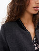 I.Code grey anthracite marl long coat with rib trim collar-4