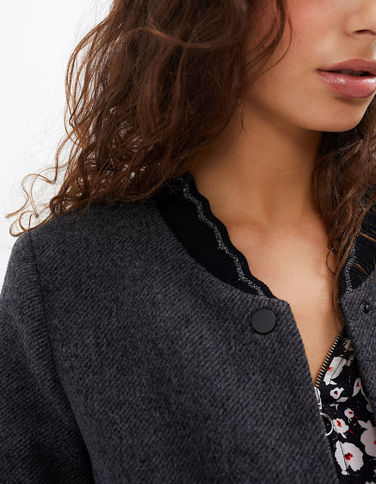 I.Code grey anthracite marl long coat with rib trim collar-4