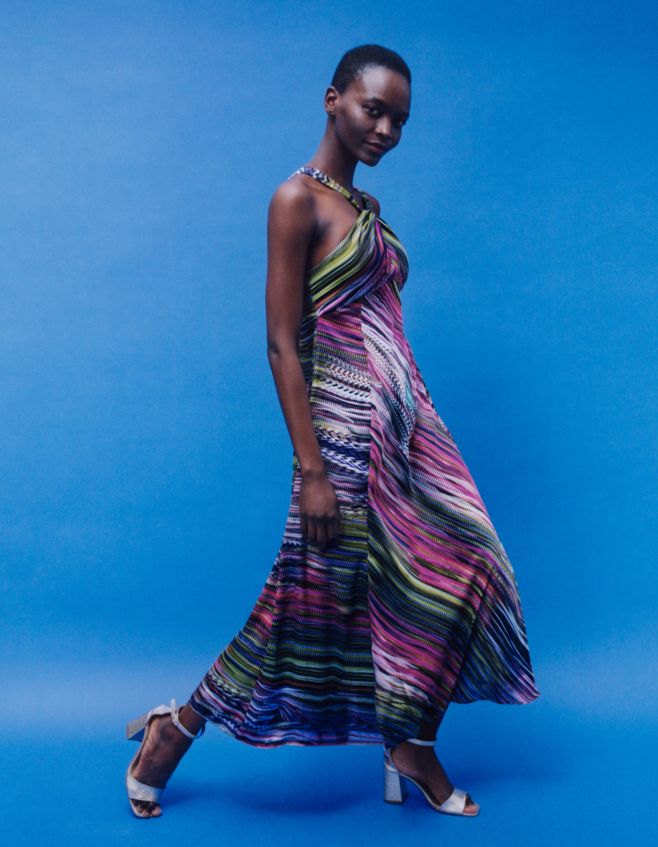 Robe longue imprim e encolure nou e femme