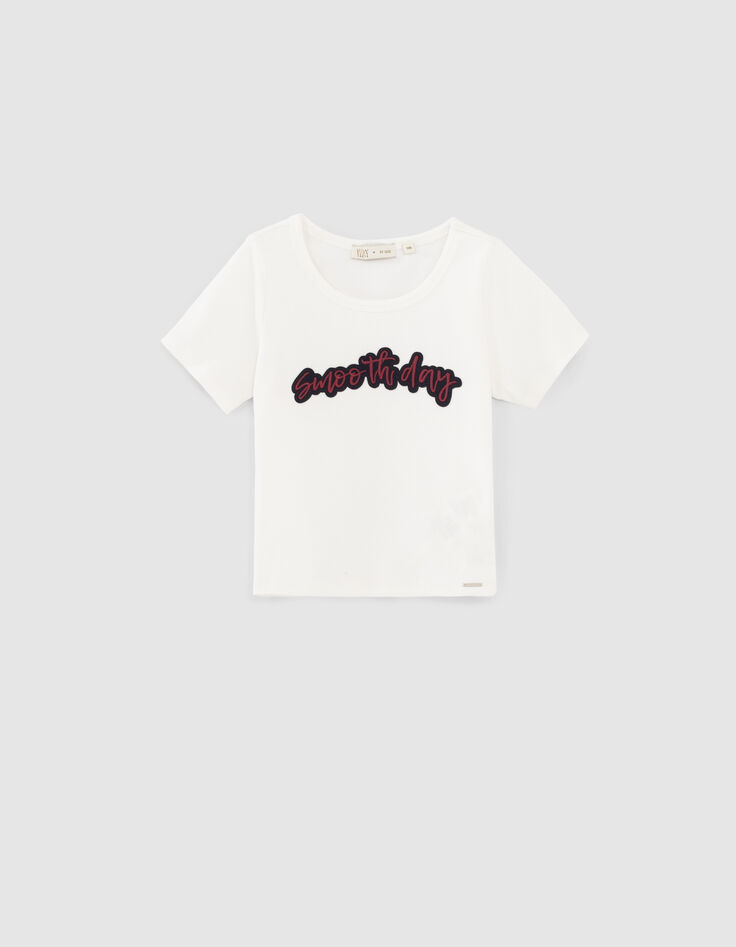 Ecru cropped T-shirt met geborduurde tekst meisjes-1 Ecru cropped T-shirt met geborduurde tekst meisjes-1