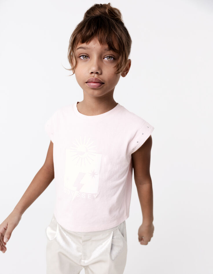 Rosa Mädchen-T-Shirt mit Glitzermotiven und Nieten-1