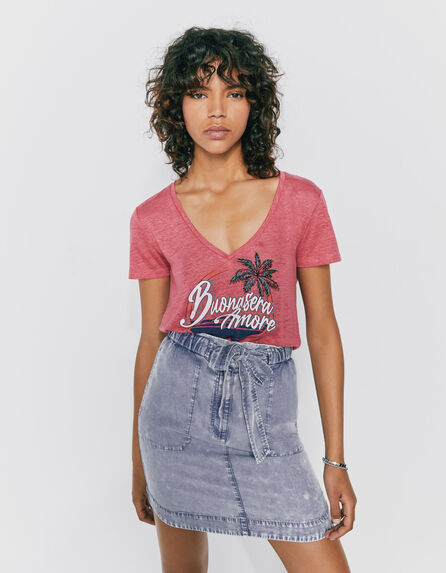 Rosa Damen-T-Shirt, Leinen, Message- und Strand-Print