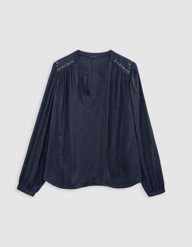 Women's crumpled recycled navy blouse with eyelet and stud decoration - IKKS