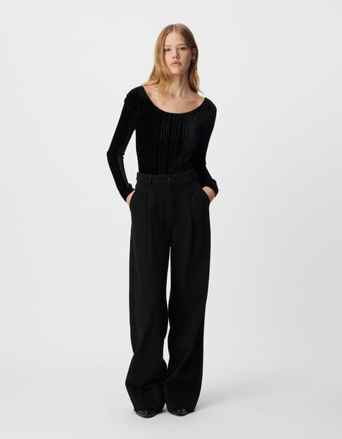 Women’s black pleated velvet knit bodysuit - IKKS