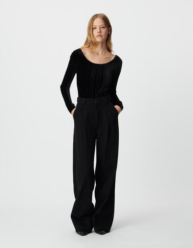Women’s black pleated velvet knit bodysuit - IKKS