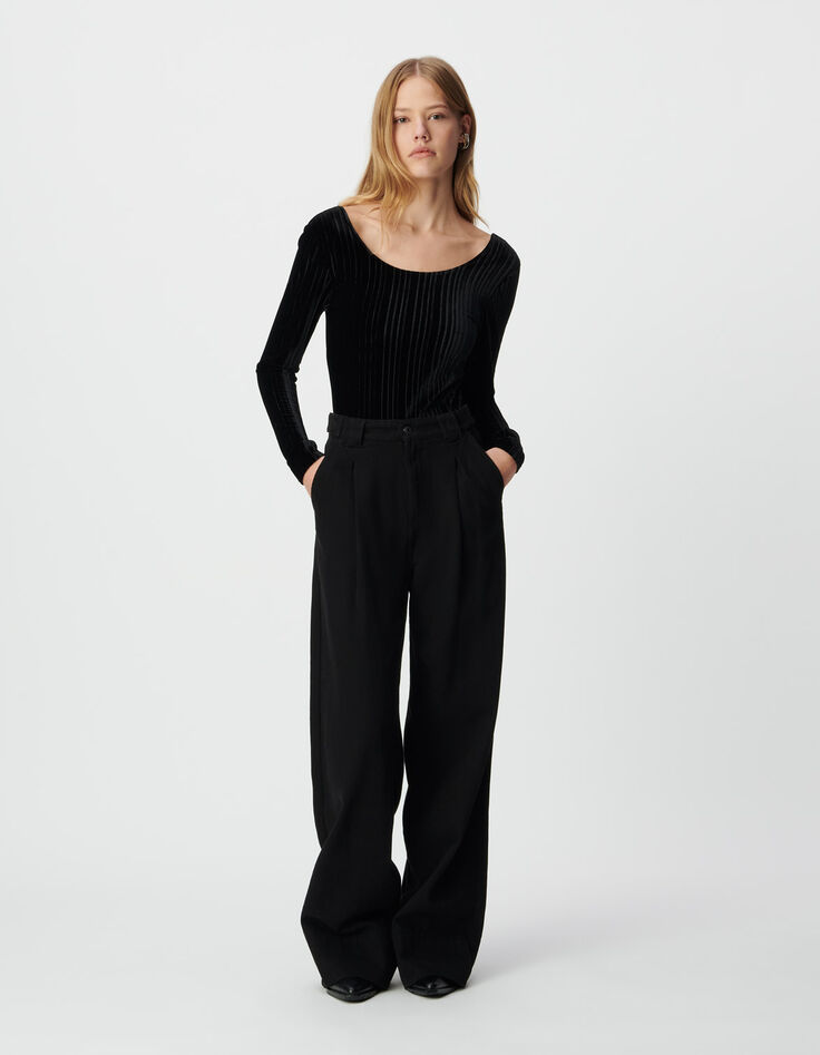 Women’s black pleated velvet knit bodysuit-1 Women’s black pleated velvet knit bodysuit-1