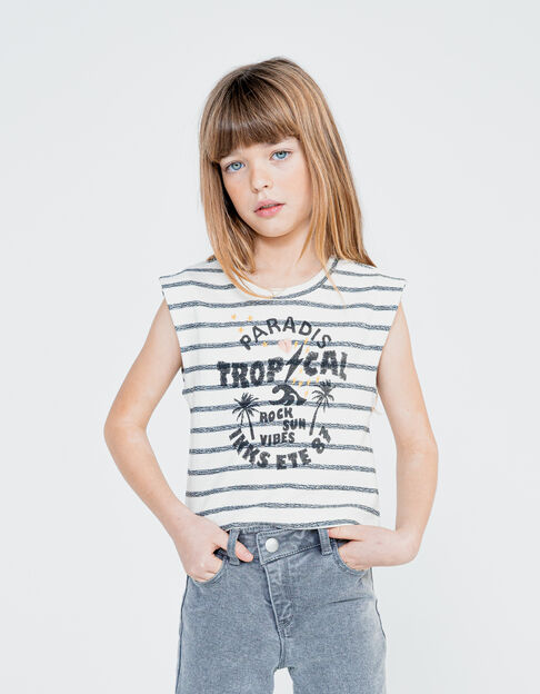 Ecru-Schwarz gestreiftes Mädchen-T-Shirt aus Biobaumwolle - IKKS