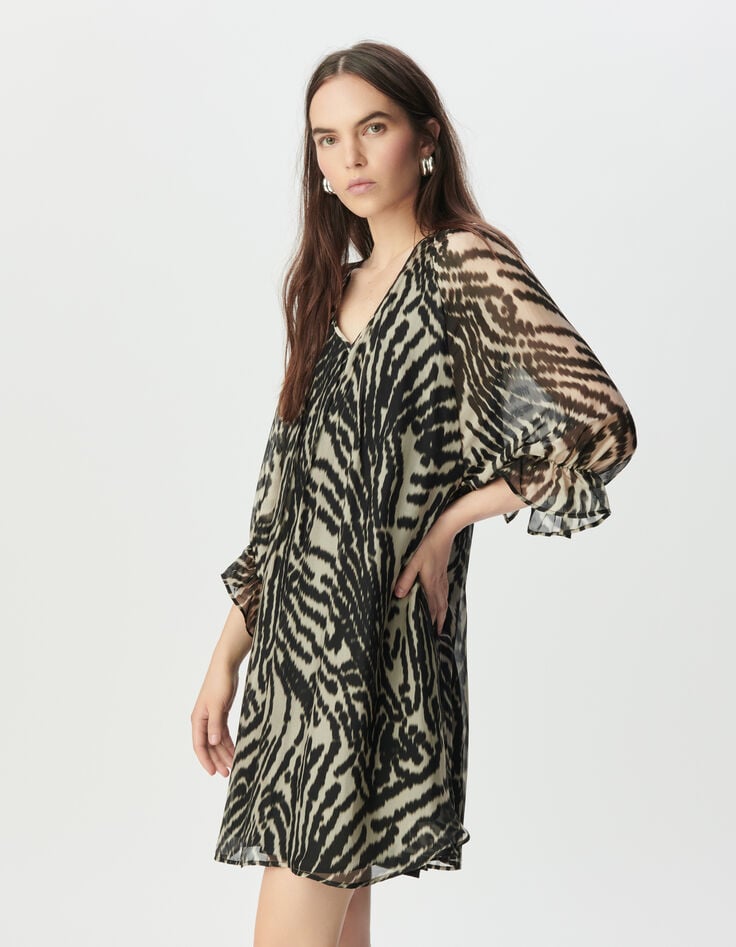 Women’s black voile short dress with zebra print-2 Women’s black voile short dress with zebra print-2