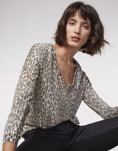 Women’s black panther print V-neck sweater - IKKS