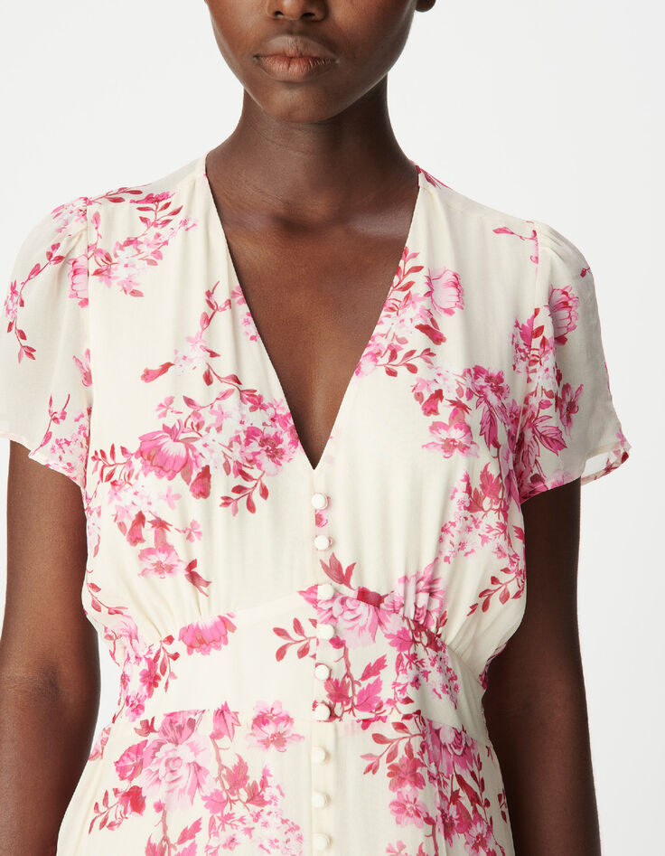 Robe midi &eacute;crue imprim&eacute; fleurs roses Femme-5