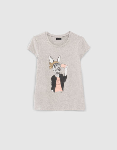 Graues M&auml;dchen-T-Shirt mit Hase mit Telefon - IKKS