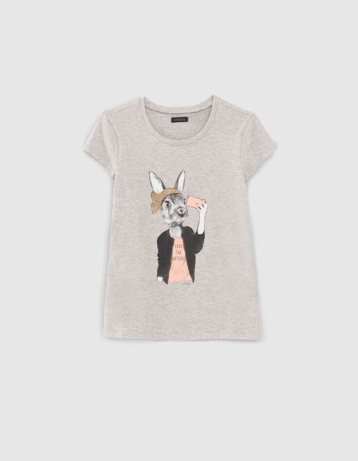 Graues M&auml;dchen-T-Shirt mit Hase mit Telefon-1