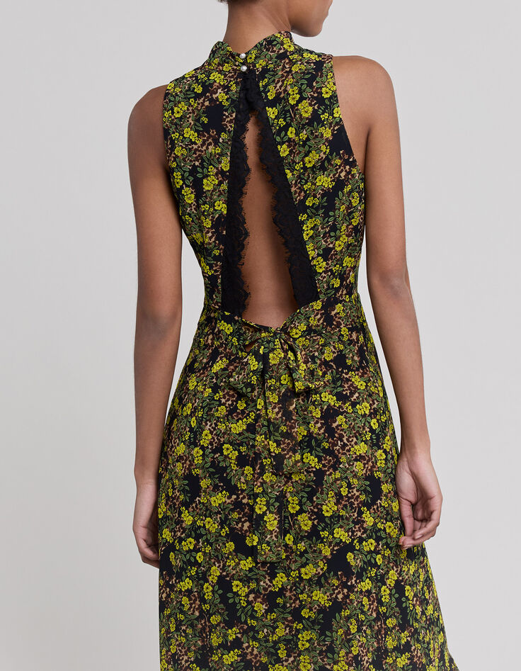Robe longue noire recycl&eacute;e imprim&eacute; l&eacute;o floral Femme-5