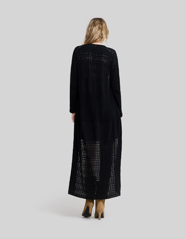 Zwart lang gebreid vest met ajourmesh Dames-3