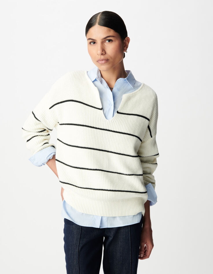 Damen-Oversize-Matrosenstrickpulli schwarze Streifen-2