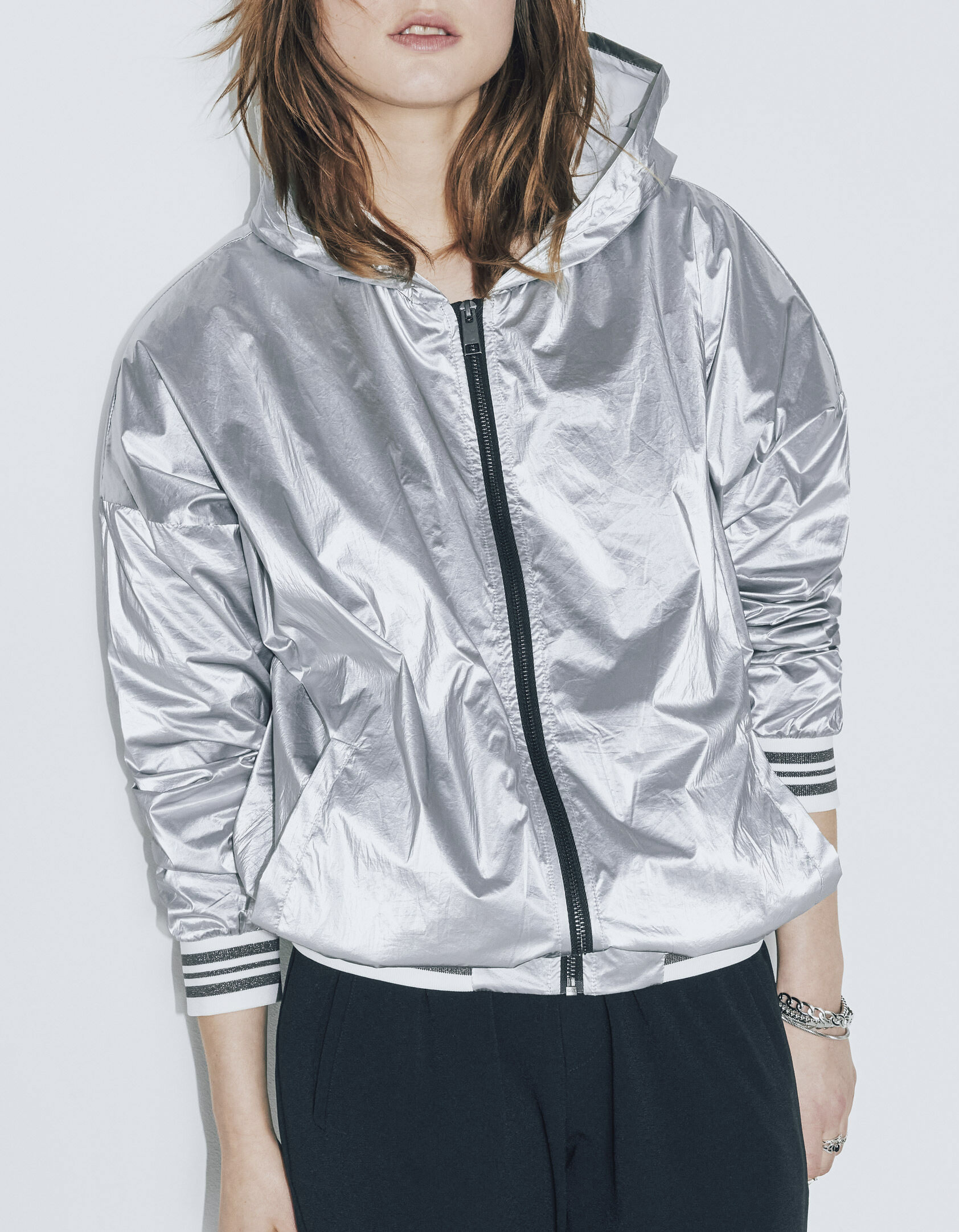 Women s metallic hooded windcheater parka with ribbing