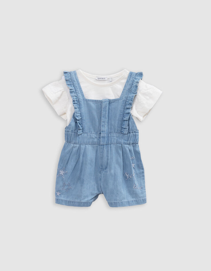 Baby girl blue overalls and ecru T-shirt set-1