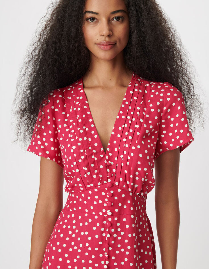 Robe encolure V rose imprim&eacute; pois Femme-4