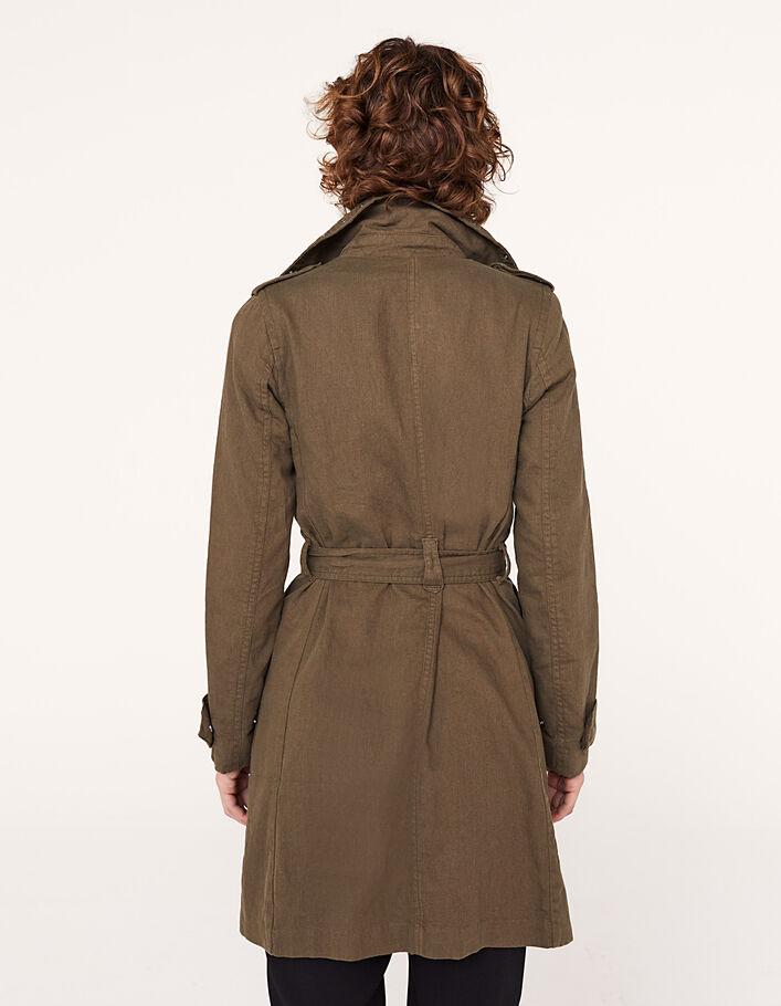Langer, khaki Damentrenchcoat aus Leinen mit Ösen-3