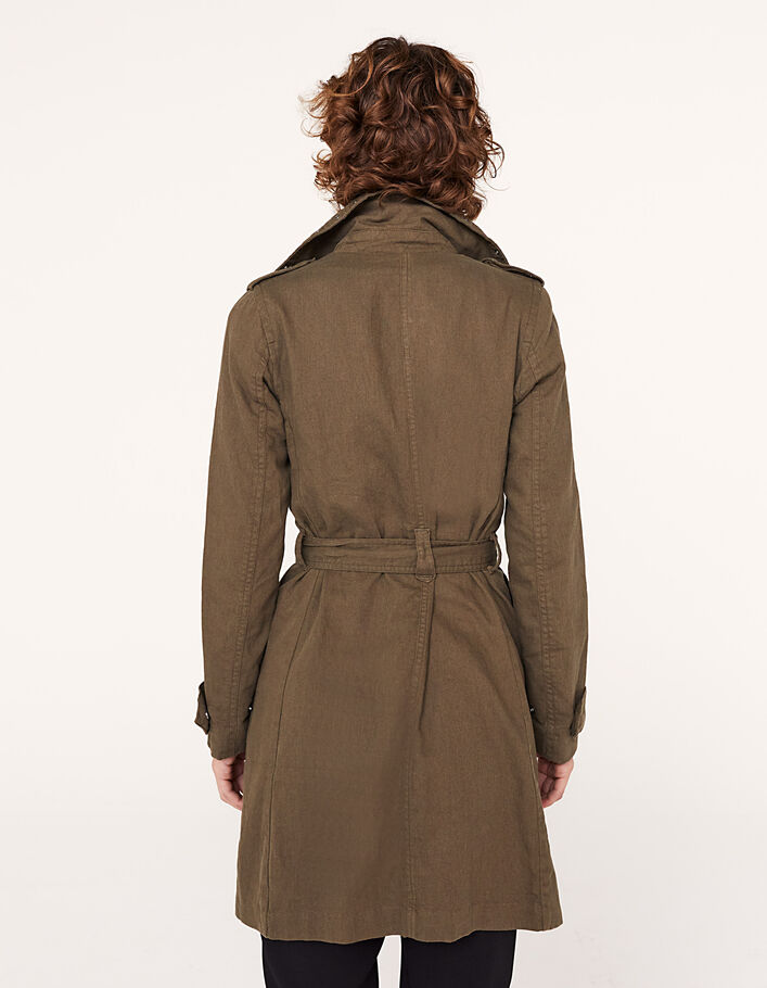 Women’s khaki linen long trench coat with eyelet details-3