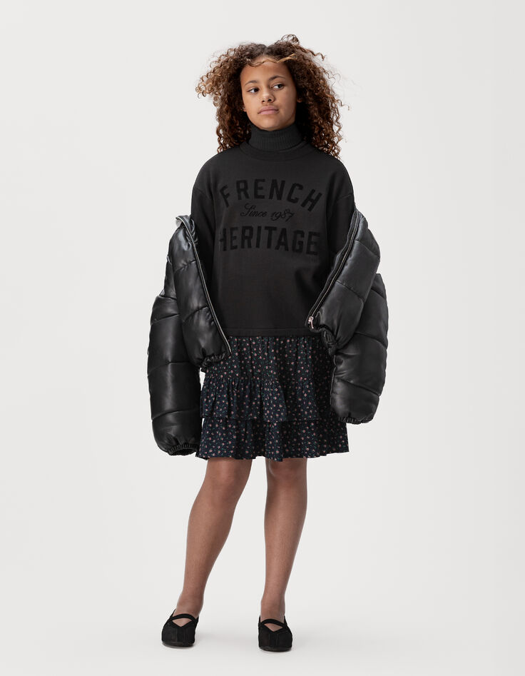 Zwarte sweatjurk twee materialen bloemenprint meisjes-1