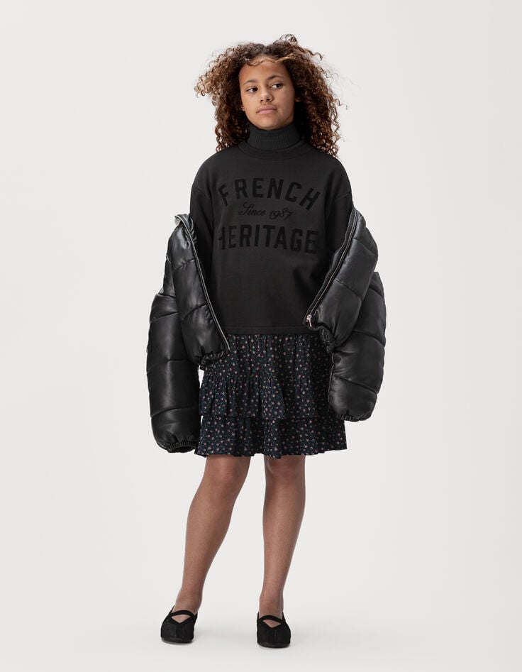 Girls’ black mixed fabric sweatshirt dress, flower print-1 Girls’ black mixed fabric sweatshirt dress, flower print-1
