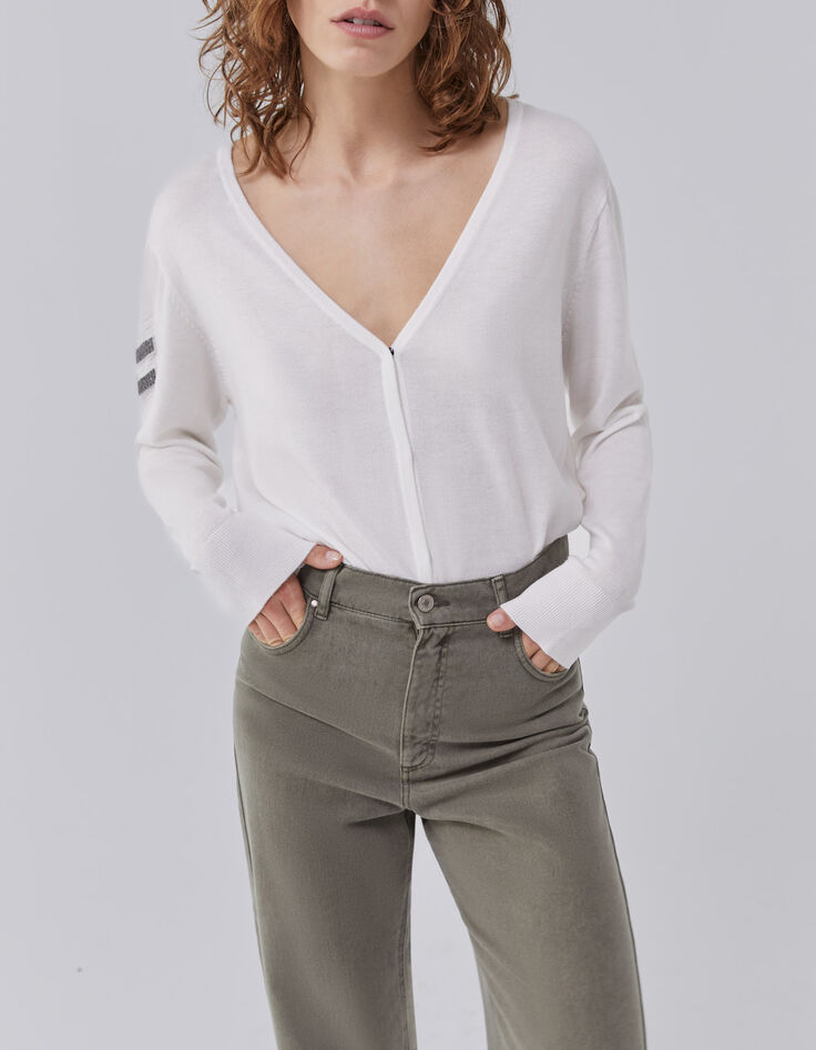 Witte gebreide trui, geborduurde visgraten mouw Dames-1 Witte gebreide trui, geborduurde visgraten mouw Dames-1